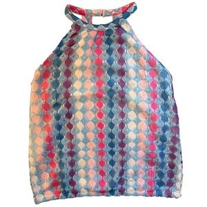 Boston Proper Womens Halter Top Blue Pink Purple Geo Lace Blouse Size M Boho